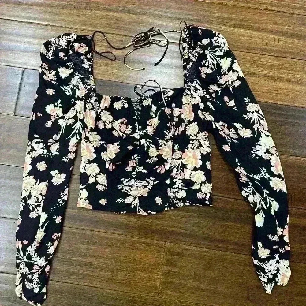 FREE PEOPLE HILARY PRINTED TOP IN BLACK COMBO - Size Small - BNWT - Picture 6 of 8